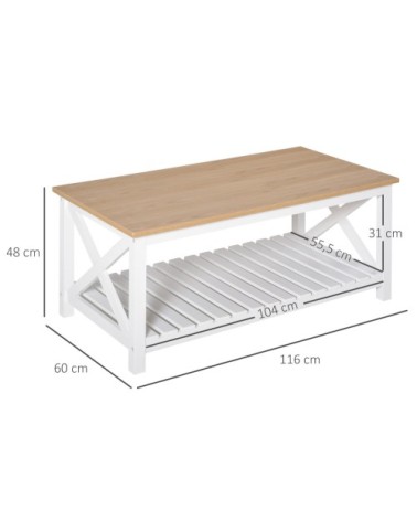 Table basse rectangulaire étagère à lattes plateau chêne clair blanc