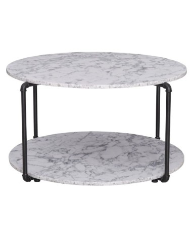 Table basse ronde avec étagère imitation marbre blanc métal noir