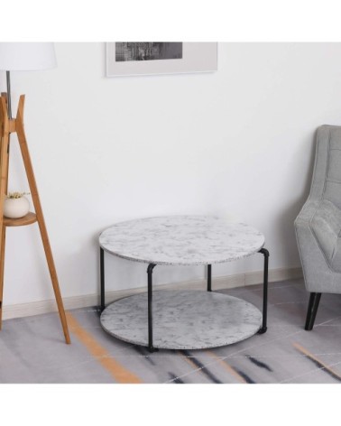 Table basse ronde avec étagère imitation marbre blanc métal noir