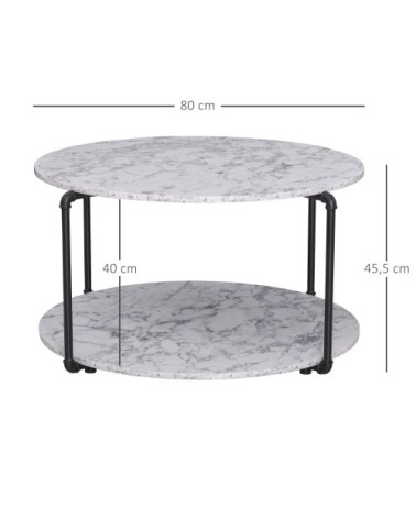 Table basse ronde avec étagère imitation marbre blanc métal noir