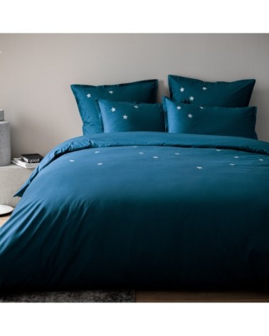 Housse de couette brodée en percale de coton BIO Bleu Paon 240x220cm