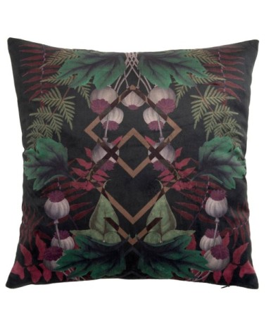 Housse de coussin noire, imprimé végétal vert, rouge et doré mat, 40x40