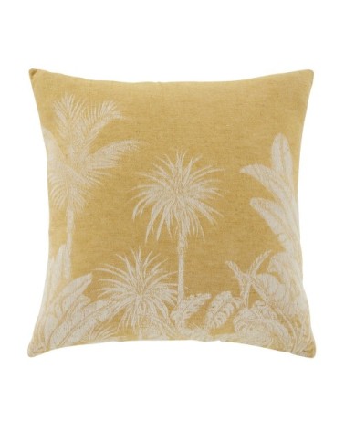 Coussin en coton et lin tissés motif tropical jaune et écru 45x45