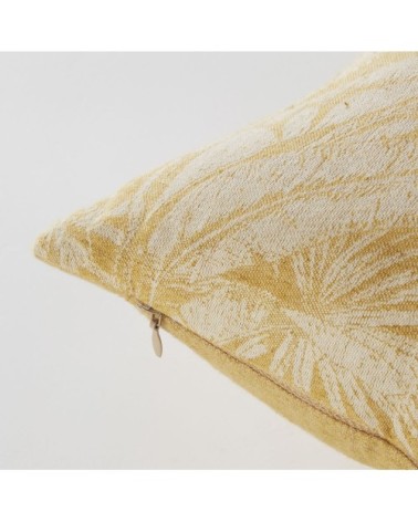 Coussin en coton et lin tissés motif tropical jaune et écru 45x45