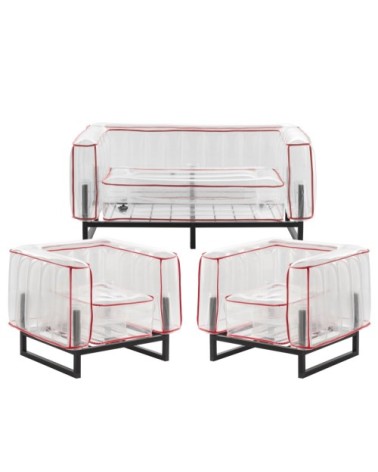 Salon de jardin design, 1 canapé et 2 fauteuils Passepoil rouge