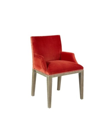 KENZA - Fauteuil de table en velours et en bois clouté brique
