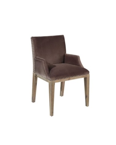 KENZA - Fauteuil de table en velours et en bois clouté taupe