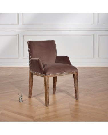 KENZA - Fauteuil de table en velours et en bois clouté taupe