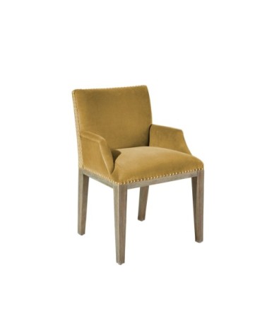 KENZA - Fauteuil de table en velours et en bois clouté jaune moutarde