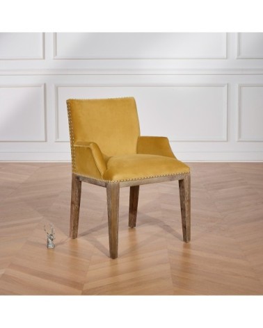 KENZA - Fauteuil de table en velours et en bois clouté jaune moutarde