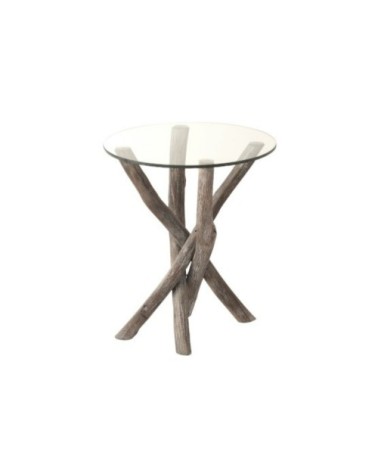 Bout de canapé rond en verre et bois flotté