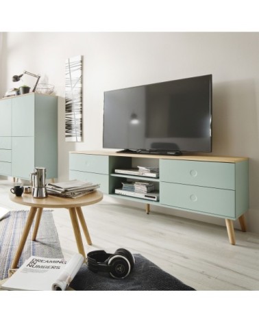 Meuble TV en bois 4 tiroirs L162cm vert d'eau