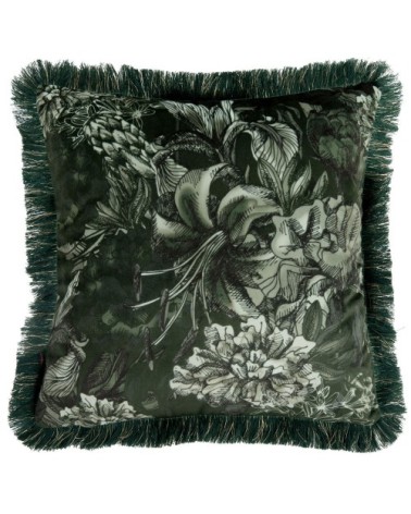 Housse de coussin imprimé végétal à franges vertes et dorées, 40x40