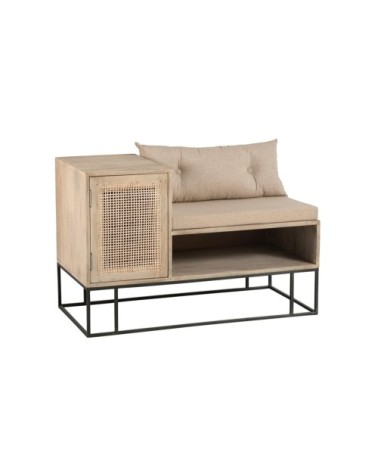 Petit banc design avec placard bois cannage et coussins beige