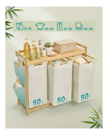 Panier à linge avec 3 compartiments capacité de 150 litres blanc crème
