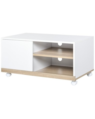 Meuble TV sur roulettes 2 niches placard porte blanc chêne clair