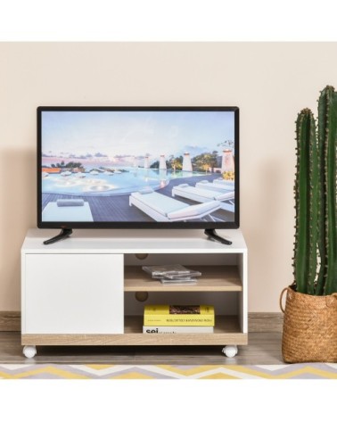 Meuble TV sur roulettes 2 niches placard porte blanc chêne clair