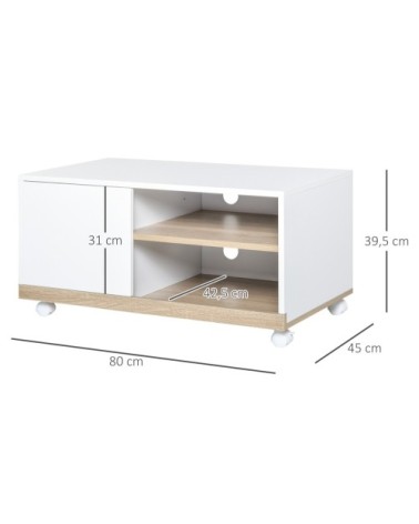 Meuble TV sur roulettes 2 niches placard porte blanc chêne clair