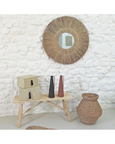 Miroir rond en paille de mendong - Beige - Fibres
