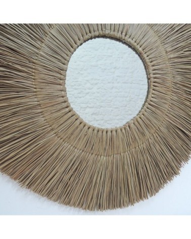 Miroir rond en paille de mendong - Beige - Fibres