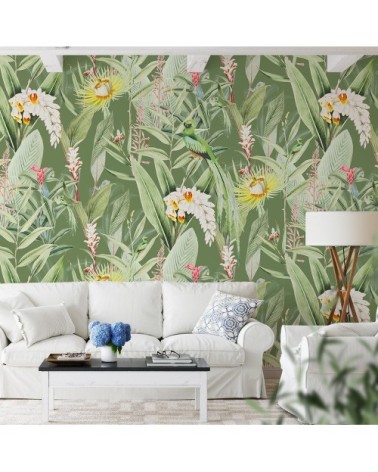 Papier peint panoramique motifs fleurs jardin tropical vert 255x260cm