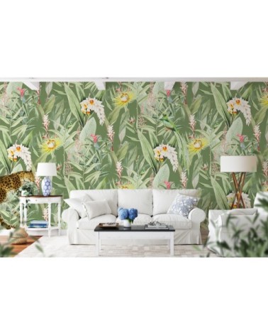 Papier peint panoramique motifs fleurs jardin tropical vert 255x260cm