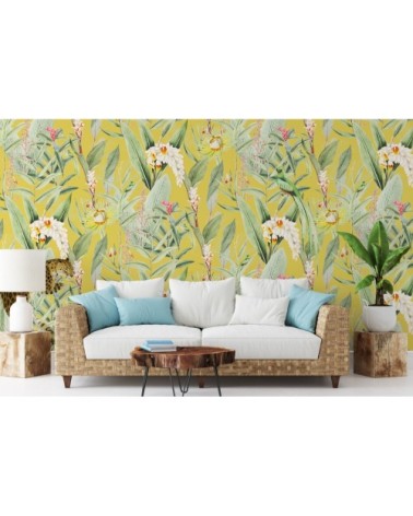 Papier peint panoramique motifs fleur jardin tropical canari 425x260cm