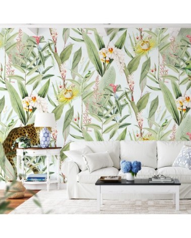 Papier peint panoramique motifs fleurs jardin tropical blanc 255x260cm