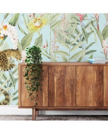 Papier peint panoramique motifs fleurs jardin tropical ciel 255x260cm