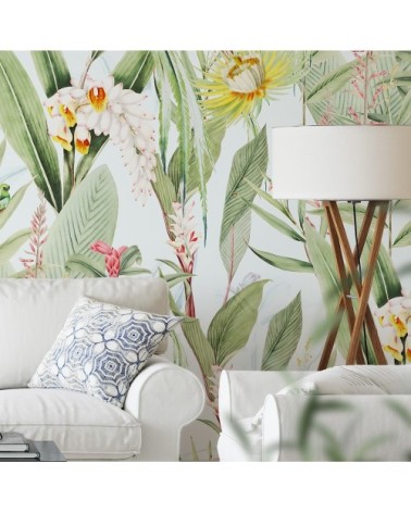 Papier peint panoramique motifs fleurs jardin tropical blanc 425x260cm