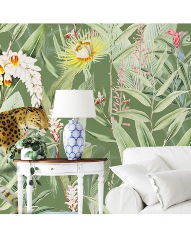 Papier peint panoramique motifs fleurs jardin tropical vert 425x260cm