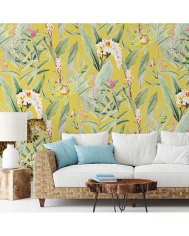 Papier peint panoramique motifs fleur jardin tropical canari 255x260cm