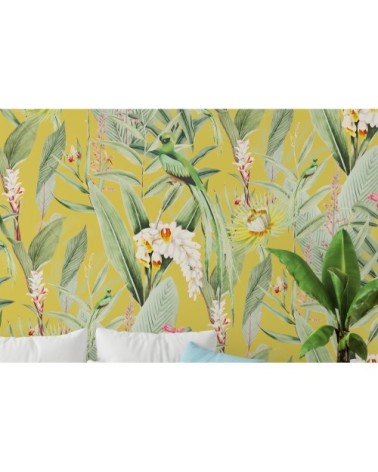 Papier peint panoramique motifs fleur jardin tropical canari 255x260cm