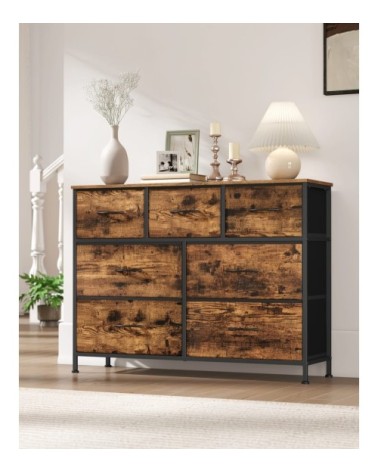 Commode 7 tiroirs acier panneau mdf tissu non-tissé marron et noir