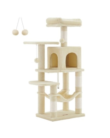 Arbre à chat hauteur 112 cm tissu peluche multi-niveaux beige