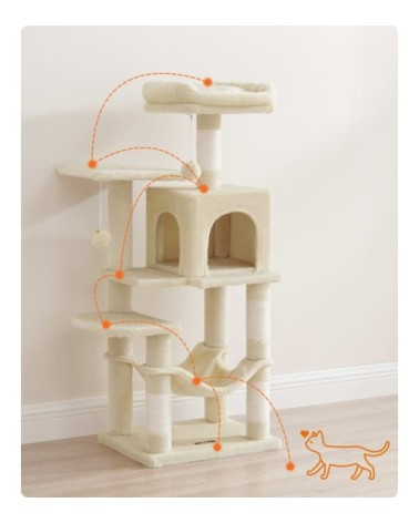 Arbre à chat hauteur 112 cm tissu peluche multi-niveaux beige