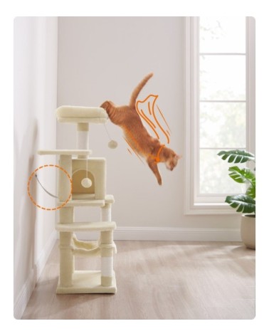 Arbre à chat hauteur 112 cm tissu peluche multi-niveaux beige