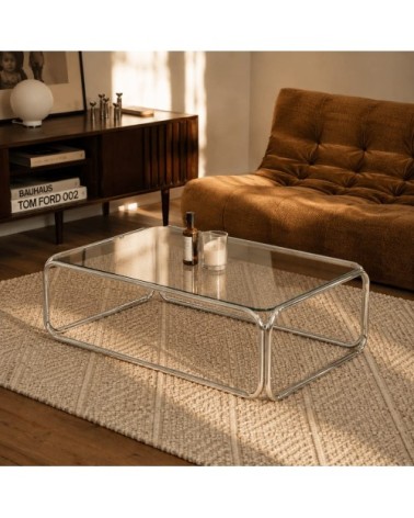 Table basse verre trempé transparent et structure en chrome