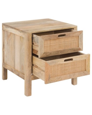 Table de chevet 2 tiroirs en bois de manguier et cannage