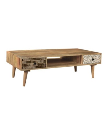 Table basse rectangulaire en bois, 2 tiroirs à motifs