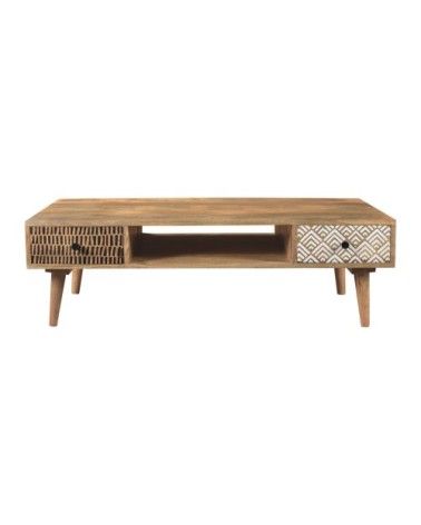 Table basse rectangulaire en bois, 2 tiroirs à motifs