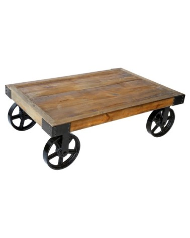 Table basse rectangulaire en bois et métal à roulettes