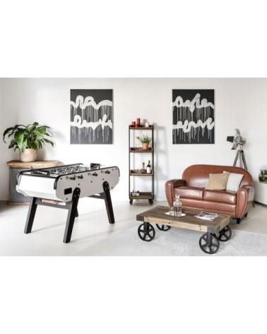 Table basse rectangulaire en bois et métal à roulettes