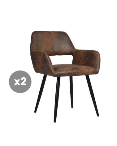 Lot de 2 chaises retro vintage industriel en microfibre marron