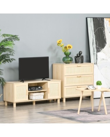 Meuble TV cannage rotin panneau de fibres moyenne densité bois clair
