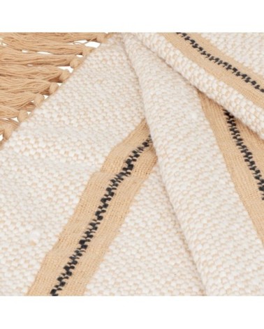 Plaid tissé en coton recyclé détail franges beige, noir, blanc et brun 160x210