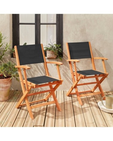 Lot de 2 fauteuils de jardin en bois et textilène noirs