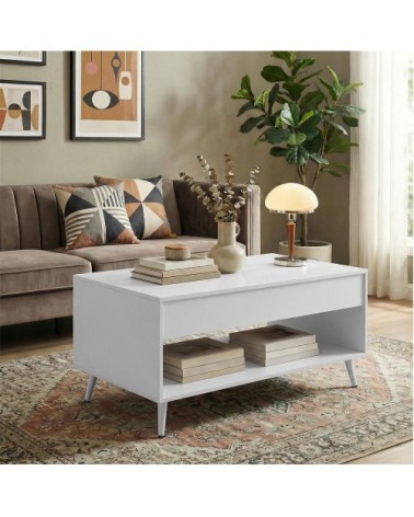 Table basse avec plateau relevable vérin à gaz rangement ouvert blanc