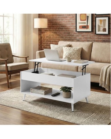 Table basse avec plateau relevable vérin à gaz rangement ouvert blanc