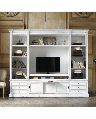 Bibliothèque meuble TV en pin massif recyclé ivoire